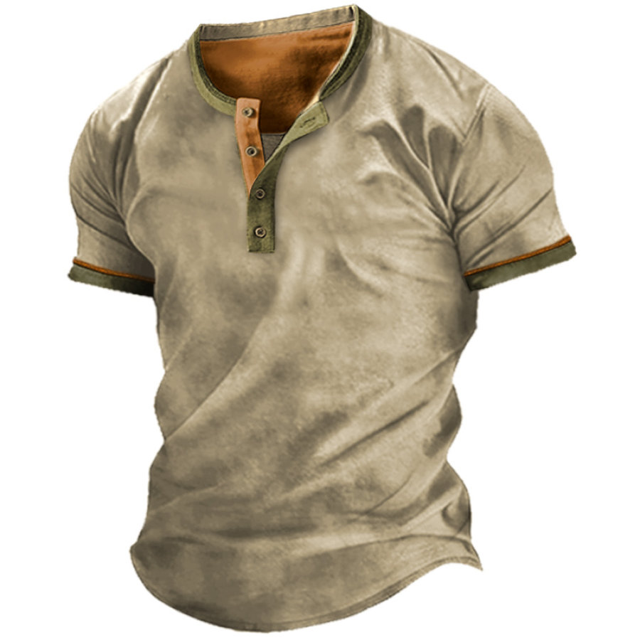 

T-shirt A Maniche Corte Henley Colorblock Casual Da Uomo