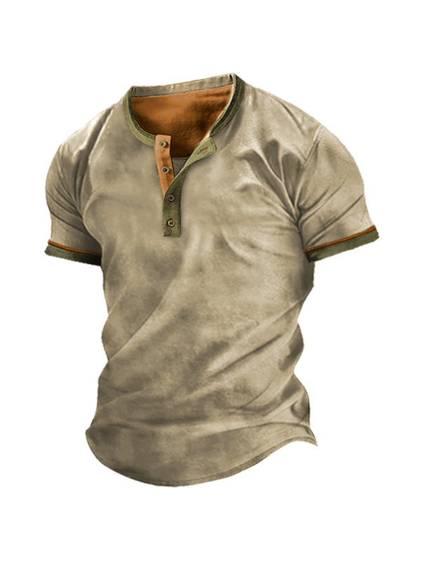 Men's Casual Colorblock Henley Short Sleeve T-Shirt