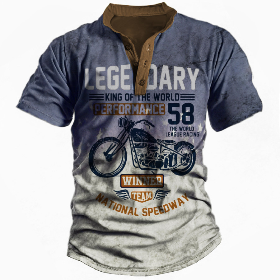 

Men's Vintage Gradient Biker Print Henley Collar T-Shirt