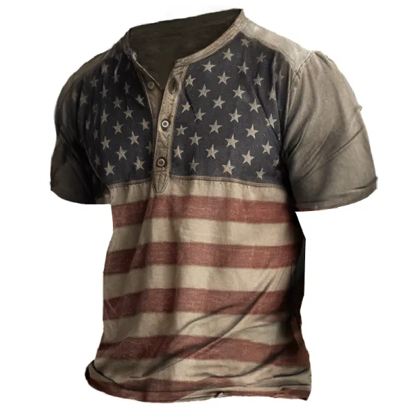 Men's Vintage Distressed American Flag Graphic Henley Collar T-Shirt - Blaroken.com 
