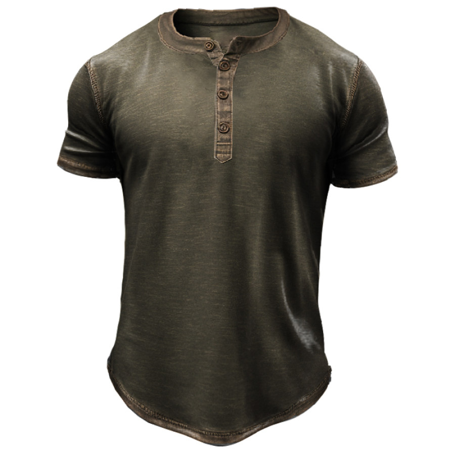 

Men's Outdoor Retro Solid Color Stitching Henley Collar T-Shirt