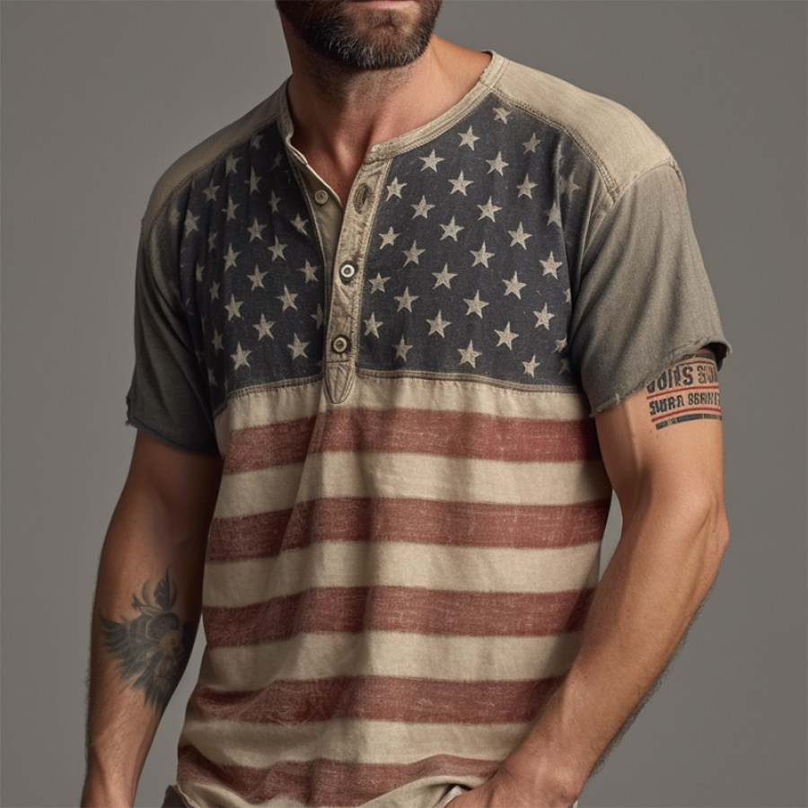 

Camiseta Masculina Vintage Envelhecida Com Estampa De Bandeira Americana Gola Henley