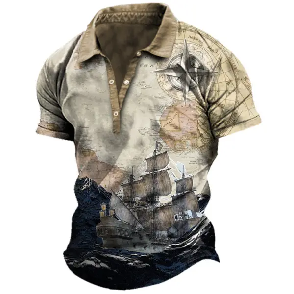 Men's Vintage Nautical Boat Print Polo Shirt - Kalesafe.com 