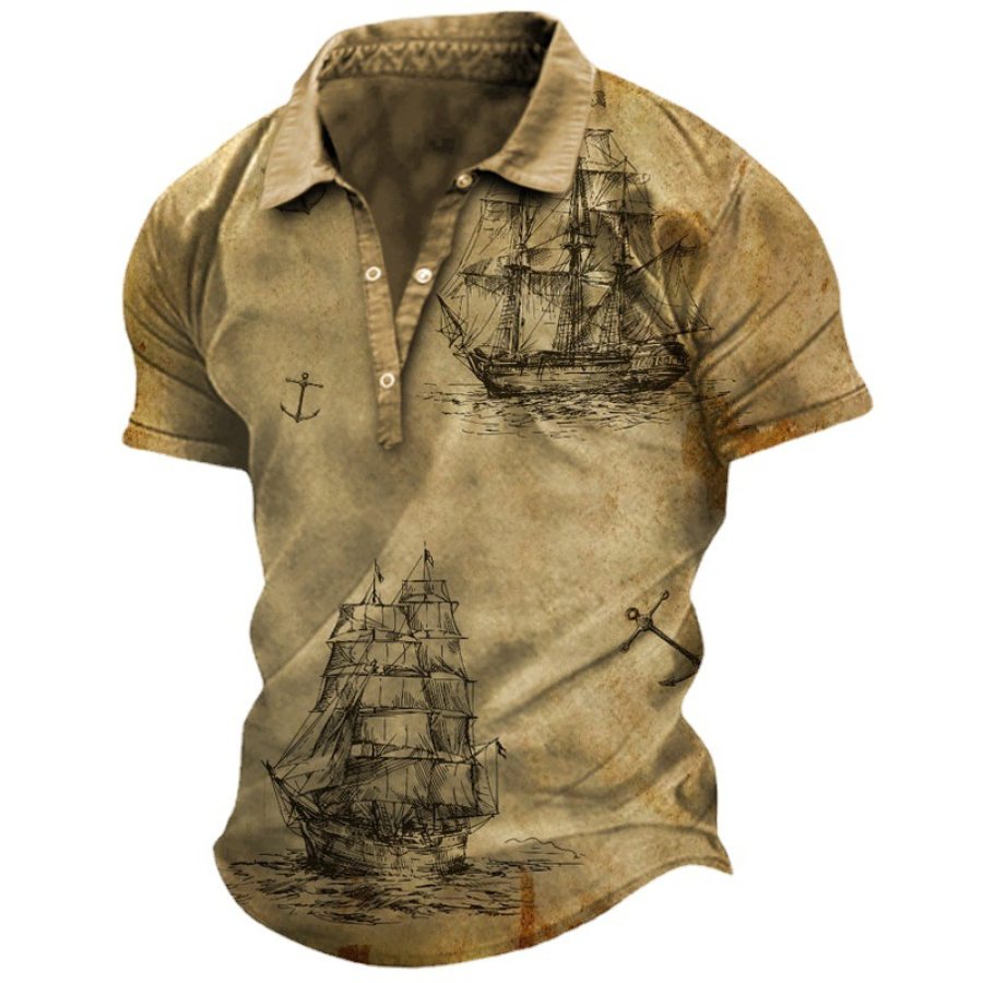 

Men's Vintage Nautical Boat Print Polo Shirt