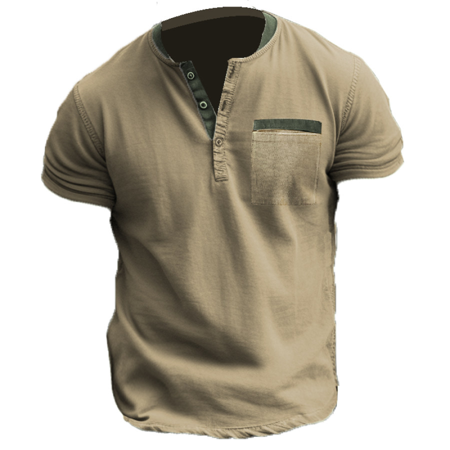 

Men's Outdoor Retro Solid Color Stitching Pocket Henley Collar T-Shirt