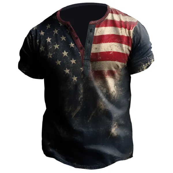 Men's Outdoor Retro Stressed American Flag Graphic Print Short-sleeved T-shirt - Blaroken.com 