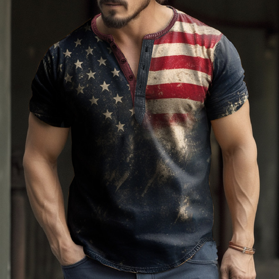 

Camiseta Manga Curta Masculina Retrô Com Estampa De Bandeira Americana Estampada Ao Ar Livre