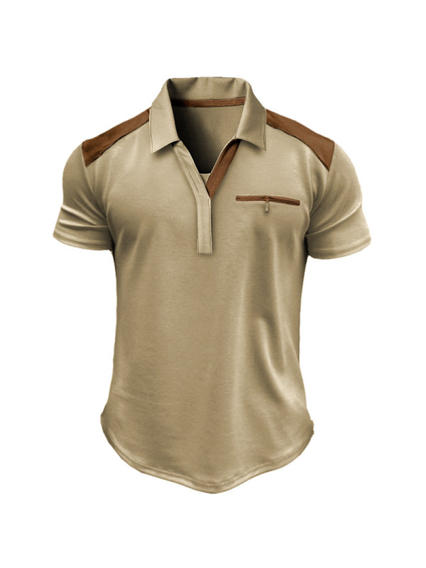 Plus Size Men's Retro Zipper Colorblock Short Sleeve Lapel T-Shirt