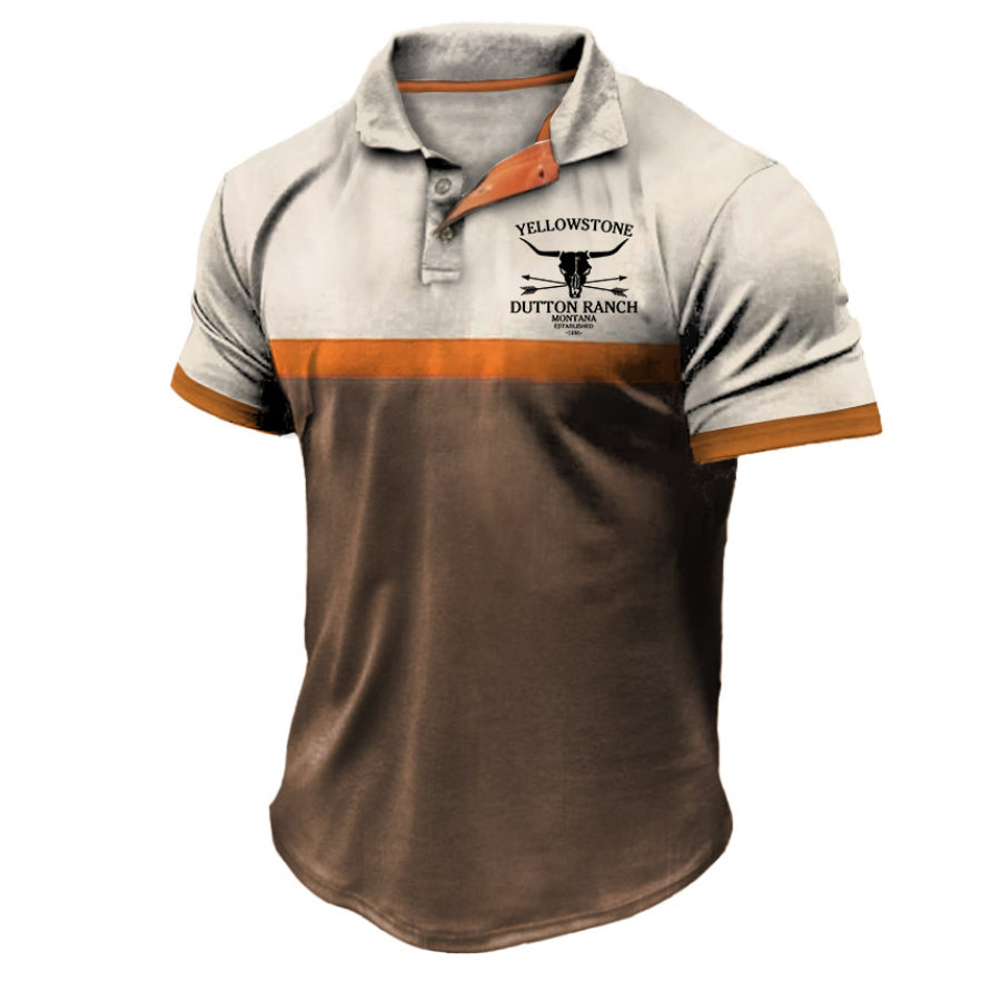 

Men's Vintage Yellowstone Skull Bull Colorblock Tactical Polo T-Shirt