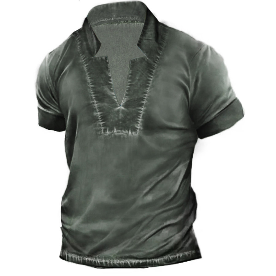 

Men's Vintage Wash Print Henley Stand Collar Tactical Cotton T-Shirt