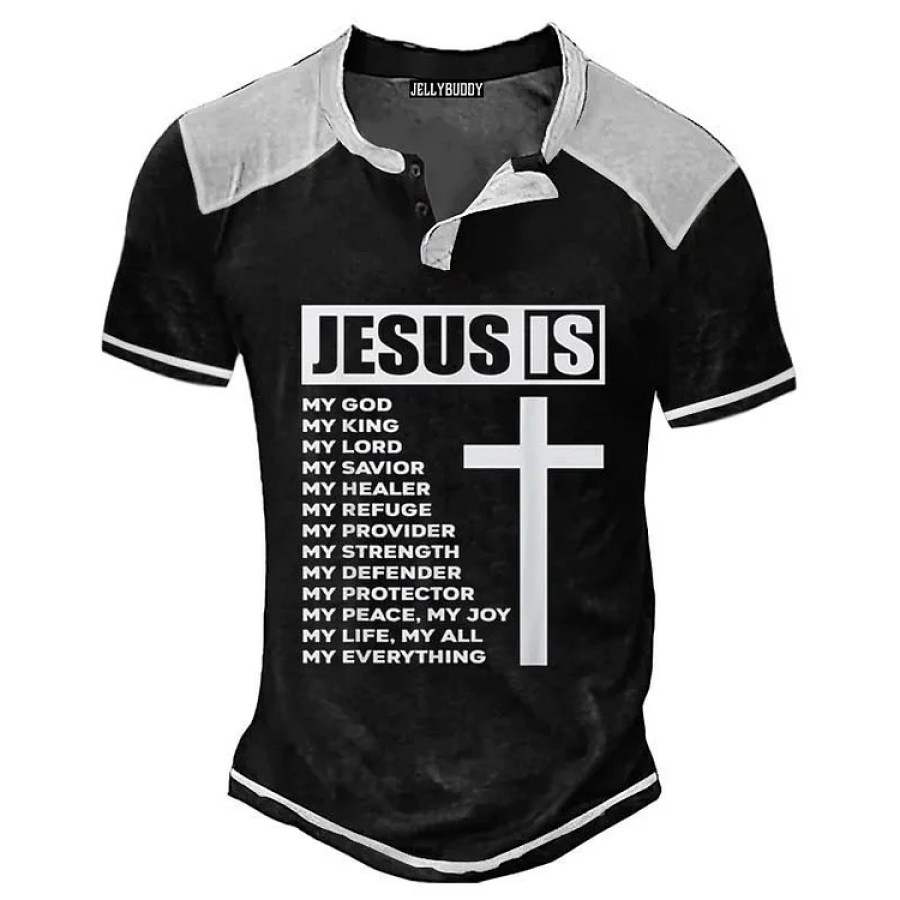 

Men's Jesus Is My Everything Cross Print Short Sleeve Henley Shirt