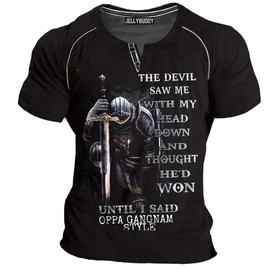 

Men's Vintage Knight The Devil Saw Me Print Short Sleeve Henley T-Shirt