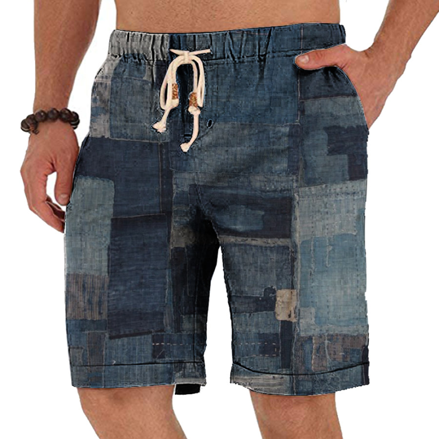 

Men's Vintage Denim Print Elastic Waist Casual Shorts