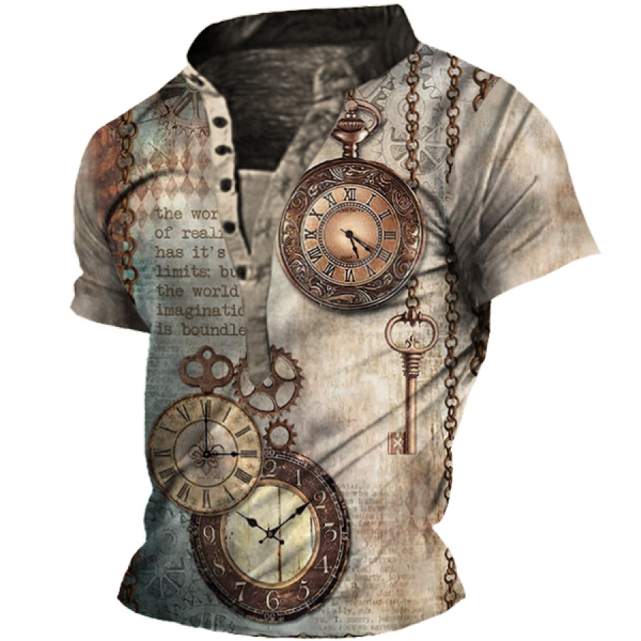 

Men's Vintage Pocket Watch Print Henley Collar T-Shirt