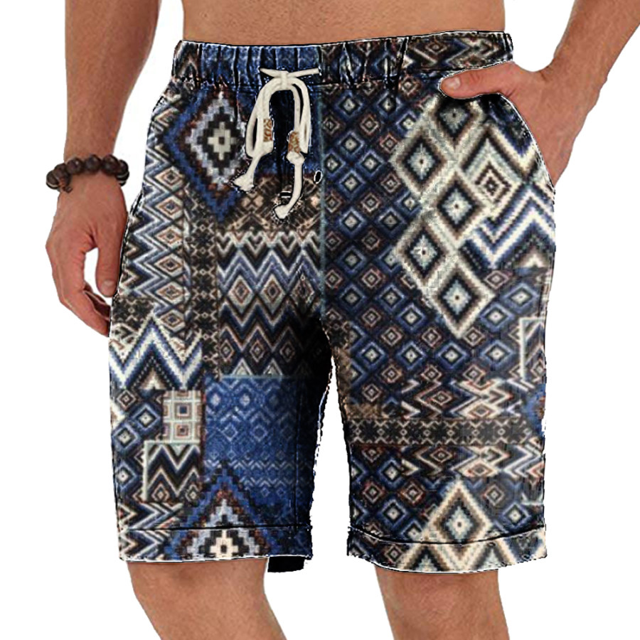 

Men's Vintage Ethnic Print Elastic Waist Casual Shorts