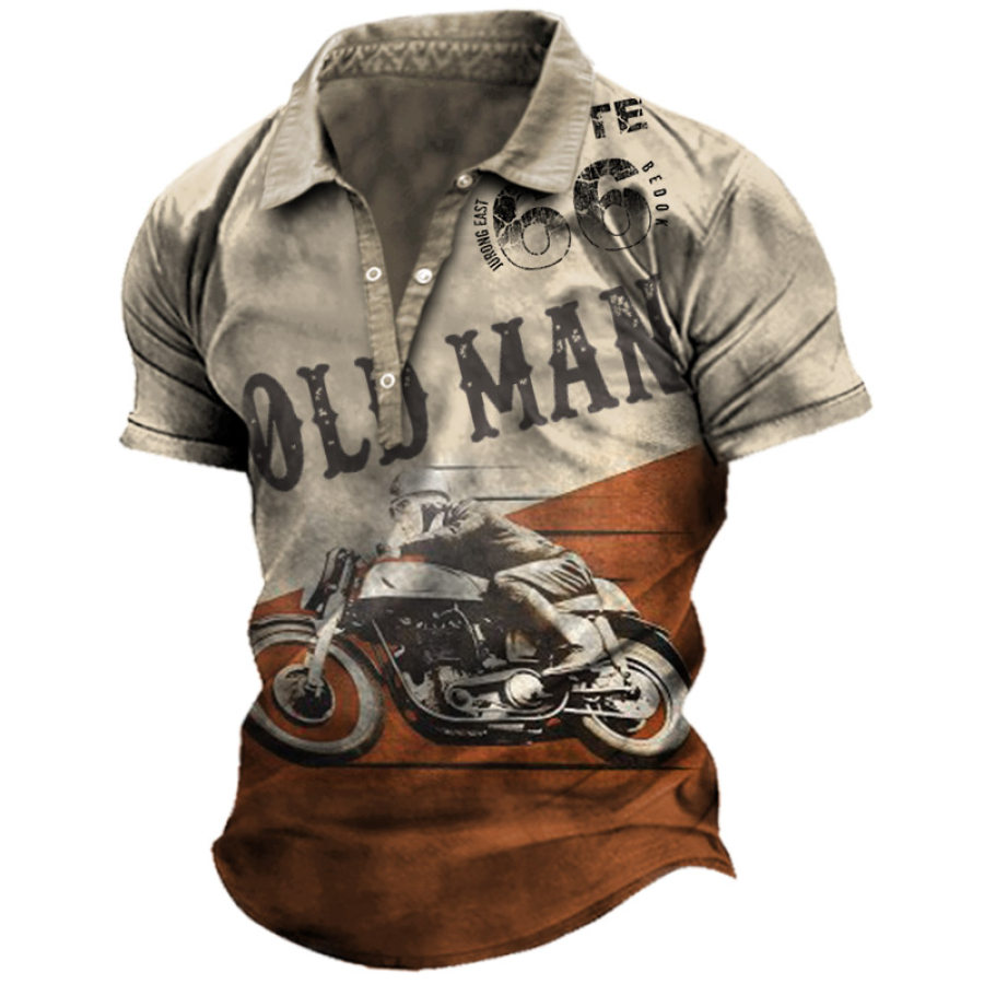 

Camisa Polo Masculina Vintage Old Man Motorcycle Route 66 Estampada