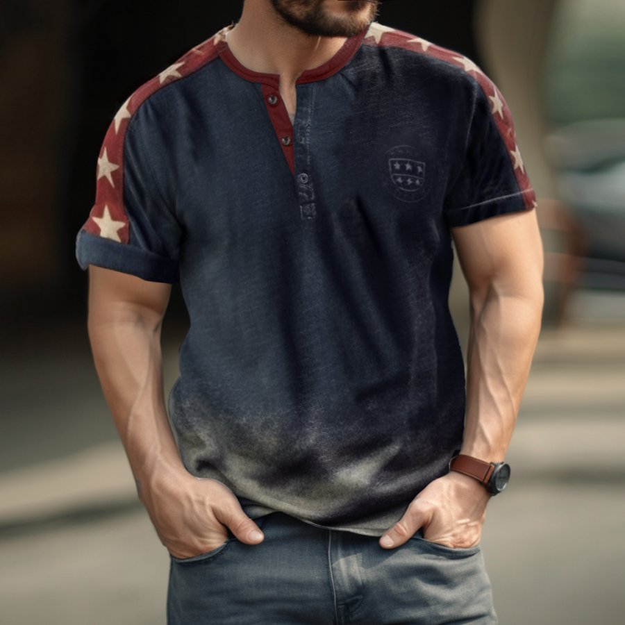 

Men's Retro Pentagram Contrast Pattern Print Henley Collar T-Shirt