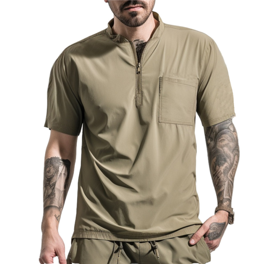 

Men's Outdoor Waterproof Quick Dry Lightweight Zipper Collar Short Sleeve Solid Color T-Shirt