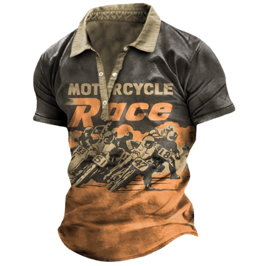 

Men's Vintage Motorcycle Race Print Short Sleeve Polo Shirt