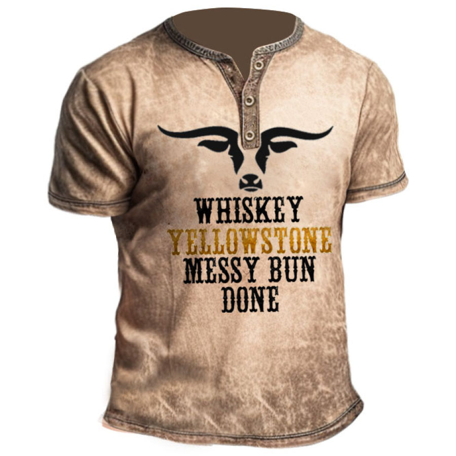 

Men's Vintage Whiskey Yellowstone Messy Bun Done Print Henley T-Shirt