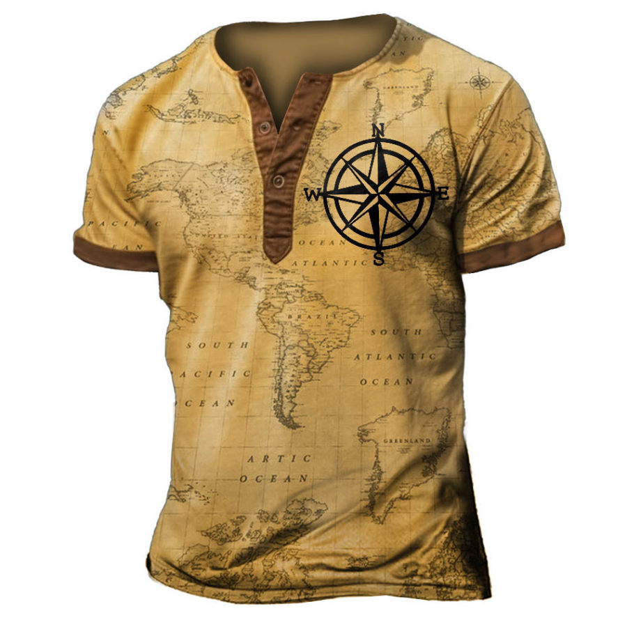 

Men's Vintage Nautical Map Compass Print Henley T-Shirt