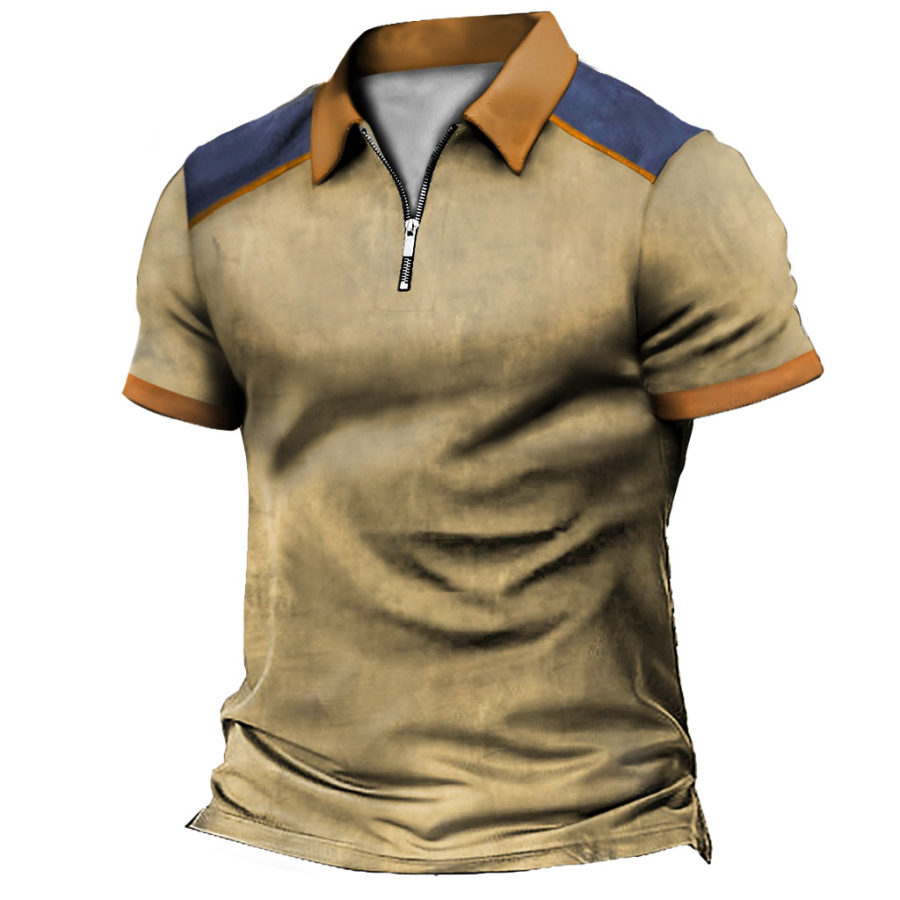

Men's Vintage Color Block Tactical Zip Polo T-Shirt