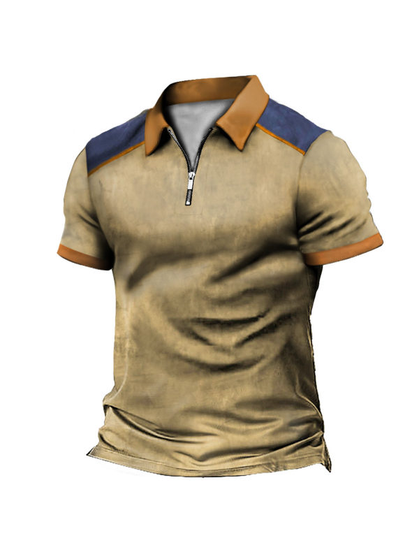 Men's Vintage Color Block Tactical Zip Polo T-Shirt