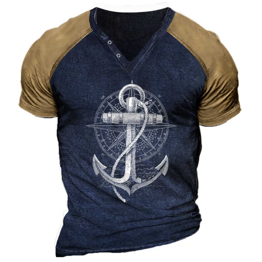 

Men's Vintage Compass Anchor Print V-Neck T-Shirt