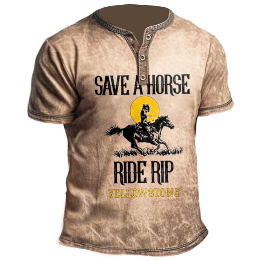 

Men's Vintage Save A Horse Ride Rip Yellowstone Print Henley T-Shirt