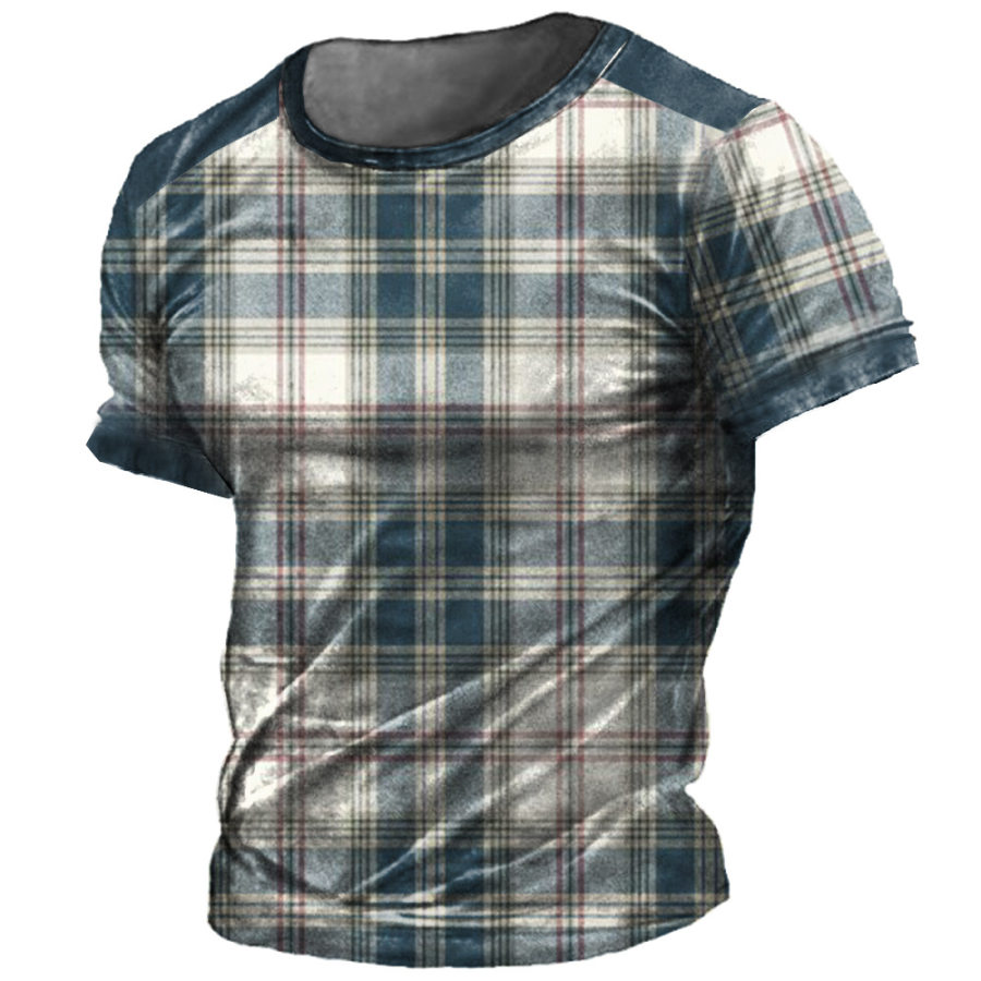 

Men's Vintage Plaid Print Crew Neck T-Shirt