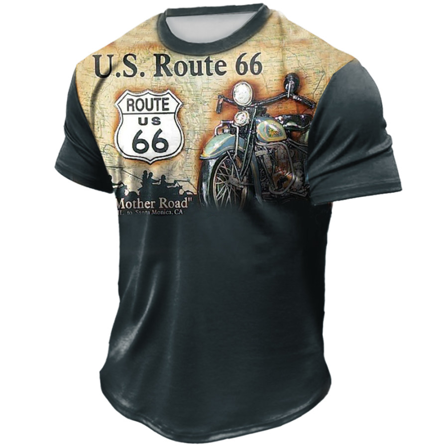 

Men's Vintage Motorcycle Route 66 Colorblock Print T-Shirt