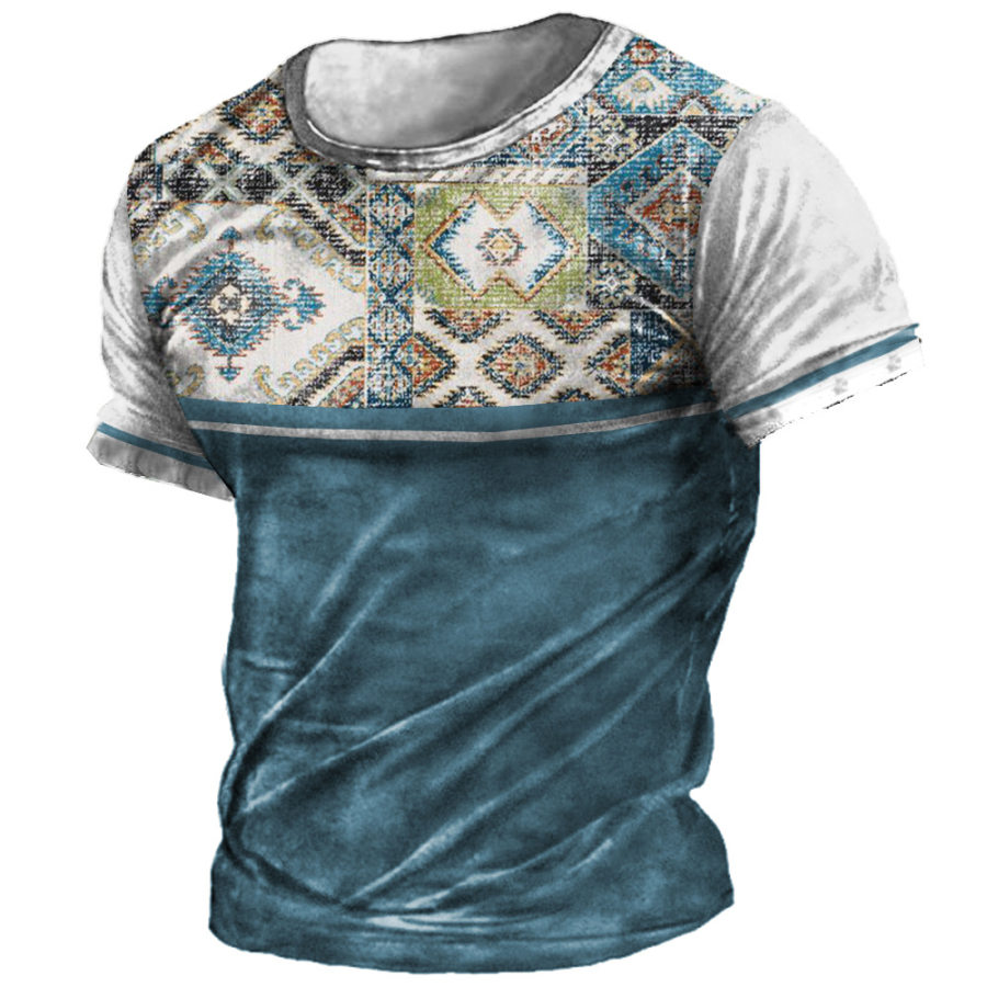 

Men's Vintage Ethnic Color Block Printed Round Neck T-Shirt
