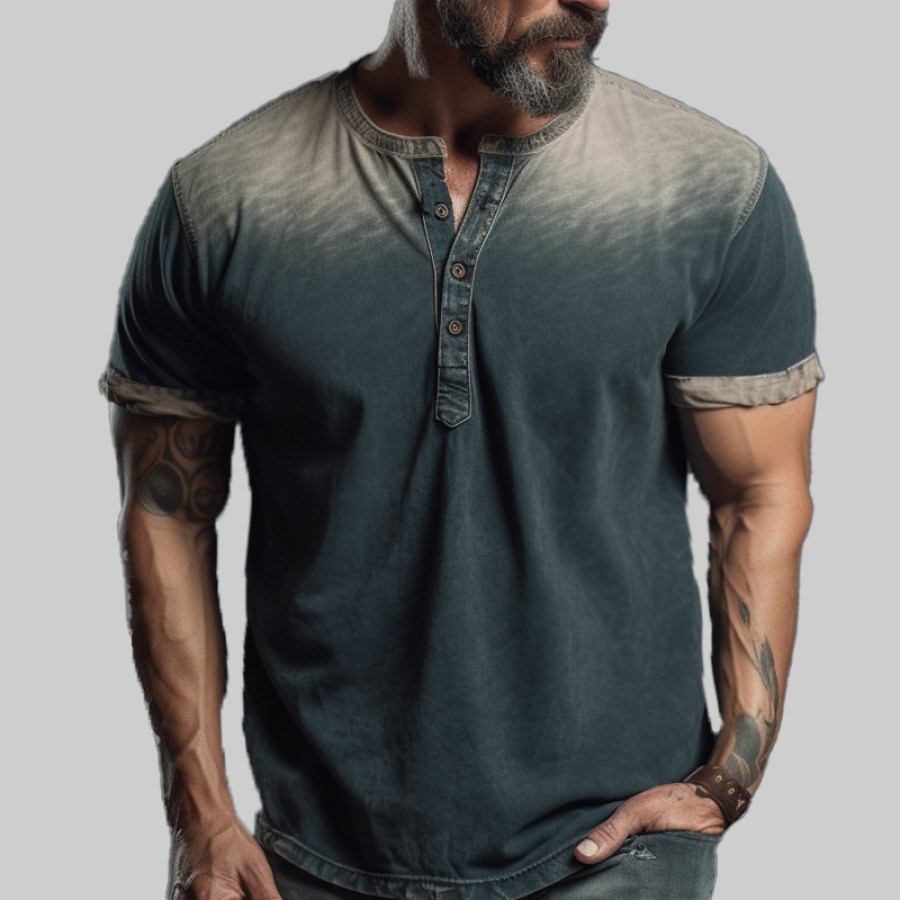 

Men's Outdoor Comfortable Breathable Retro Old Gradient Henley Collar Short Sleeve T-Shirt