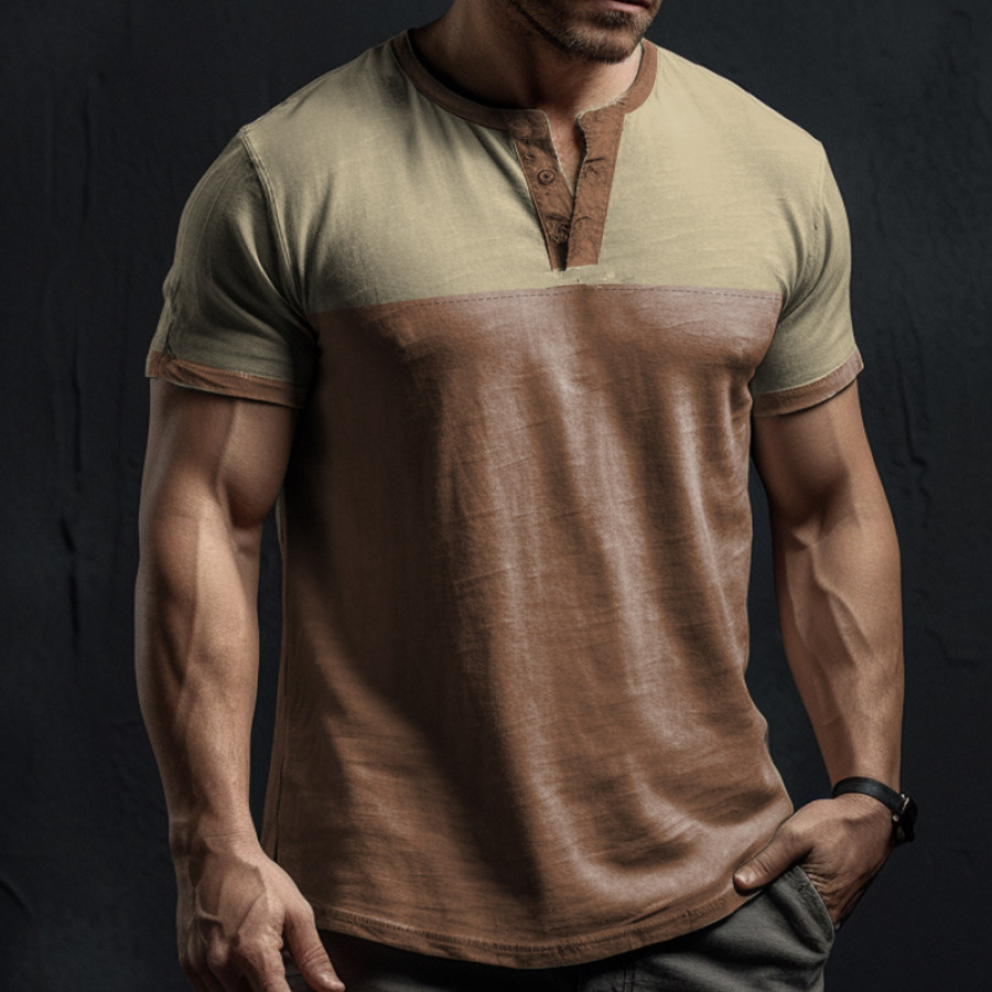 

Men's Comfortable Breathable Retro Color Block Henley Collar T-Shirt