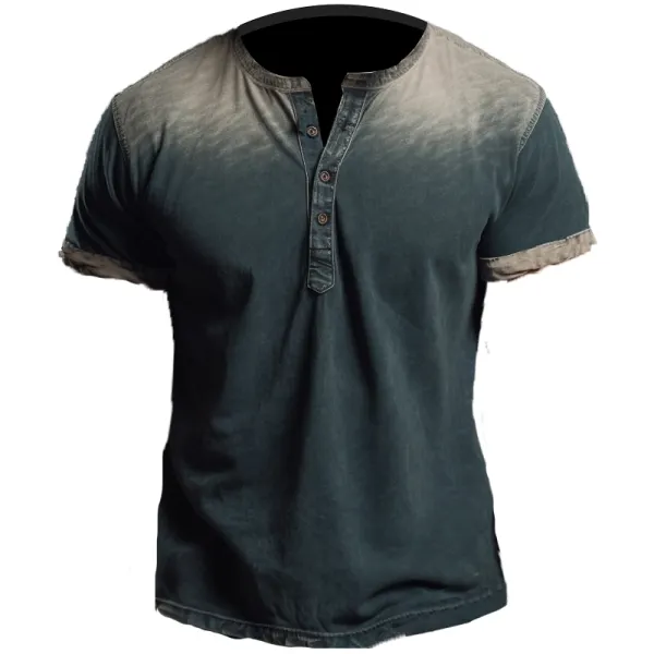 Men's Outdoor Comfortable Breathable Retro Old Gradient Henley Collar Short Sleeve T-Shirt - Blaroken.com 
