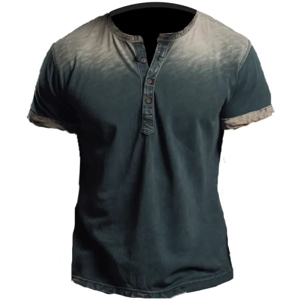 Men's Outdoor Comfortable Breathable Retro Old Gradient Henley Collar Short Sleeve T-Shirt - Kalesafe.com 