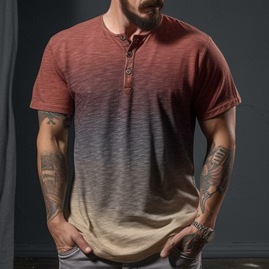 

Men's Retro And Old Outdoor Comfortable Breathable Multi-color Gradient Henley Collar Short-sleeved T-shirt