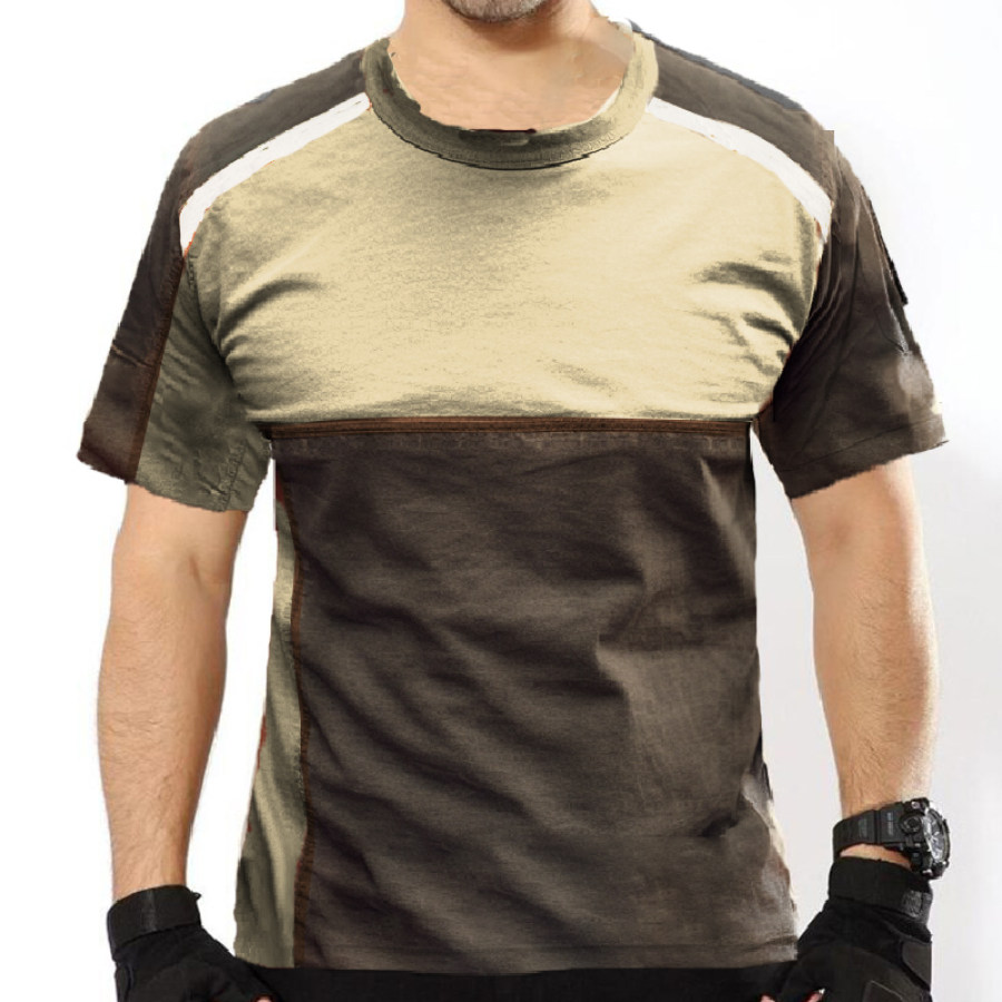 

Men's Outdoor Comfortable Breathable Retro Color Block Stitching T-shirt