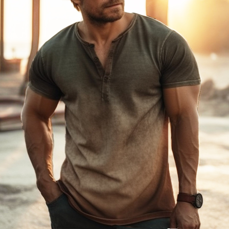 

Men's Comfortable Breathable Outdoor Retro Old Gradient Henley Collar T-Shirt