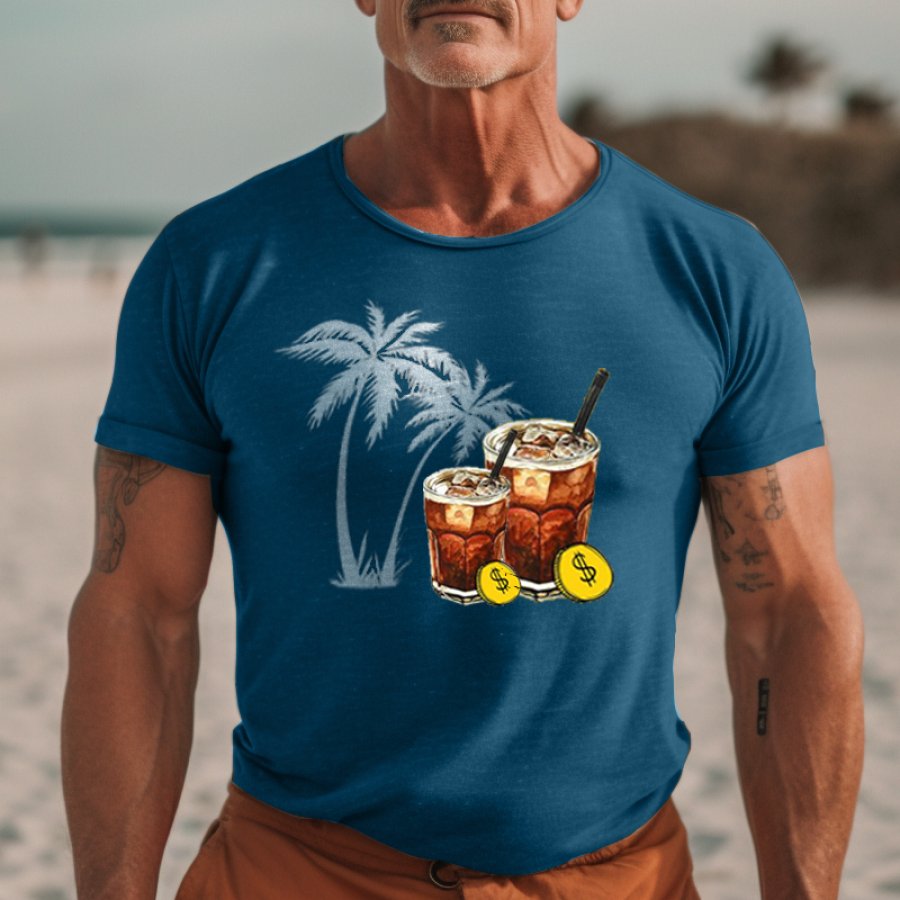 

Men's Vintage Hawaiian Palm Tree Fun Beer Dollar Print Fitted T-Shirt