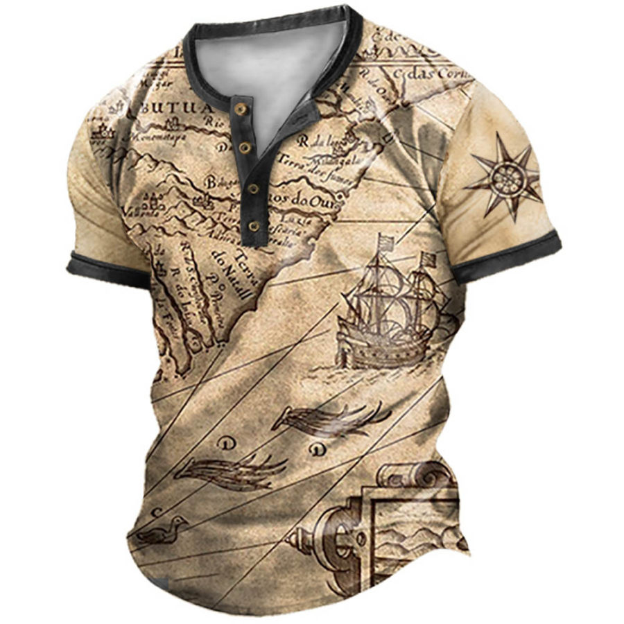 

Men's Vintage Nautical Map Compass Sailing Print Henley T-Shirt