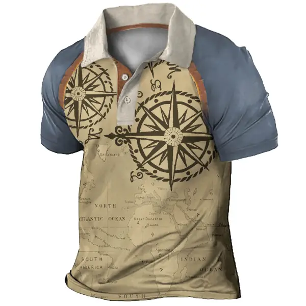 Plus Size Men's Vintage World Map Compass Colorblock Polo T-Shirt - Chrisitina.com 
