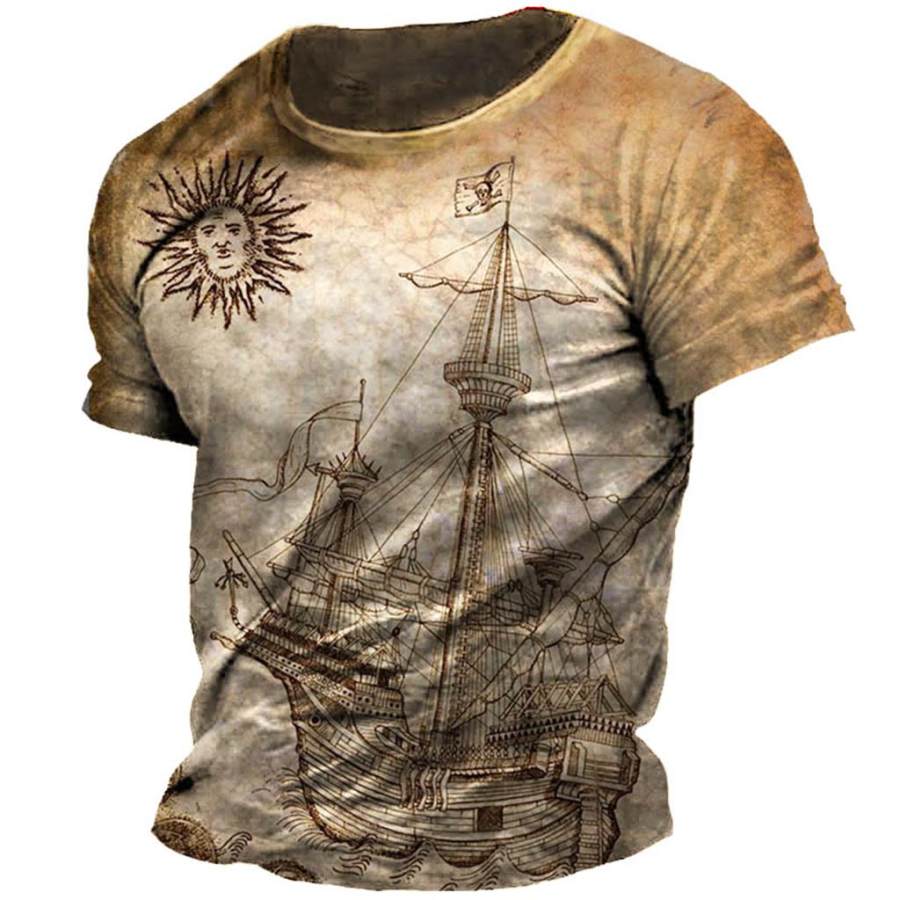 

Camiseta Masculina Vintage De Manga Curta Pirata Náutico à Vela Com Estampa De Sol