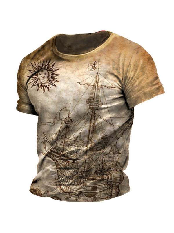 Men's Vintage Nautical Pirate Sailing Sun Print Short Sleeve T-Shirt