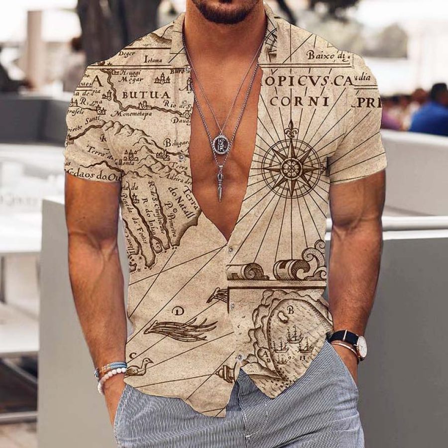 

Camicia Da Spiaggia Hawaiana Da Uomo Vintage Antica Con Mappa Del Mondo E Stampa Bussola