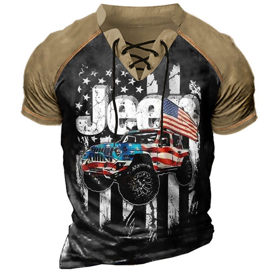 

Men's Vintage American Flag Jeep Print Lace-Up Collar T-Shirt