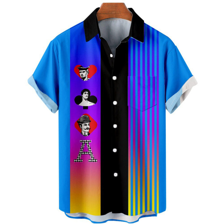 

Men's Playing Card Stripe Color Print Hawaiian Beach Shirt