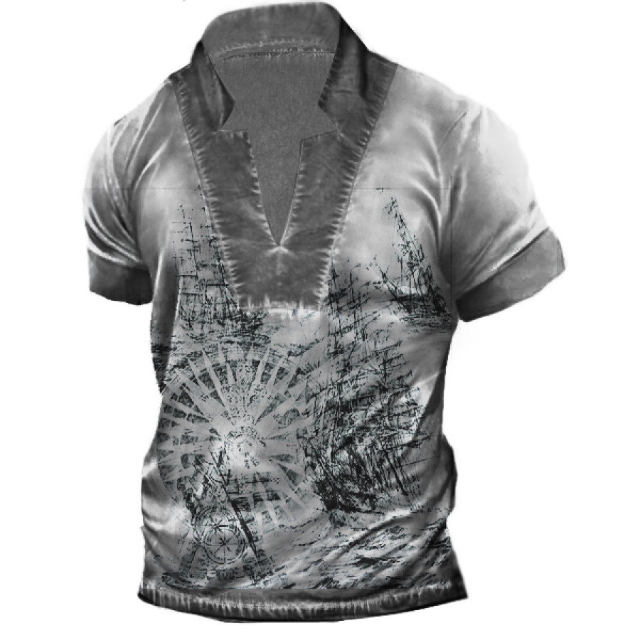 

Men's Vintage Nautical Print Henley Stand Collar Short Sleeve T-Shirt