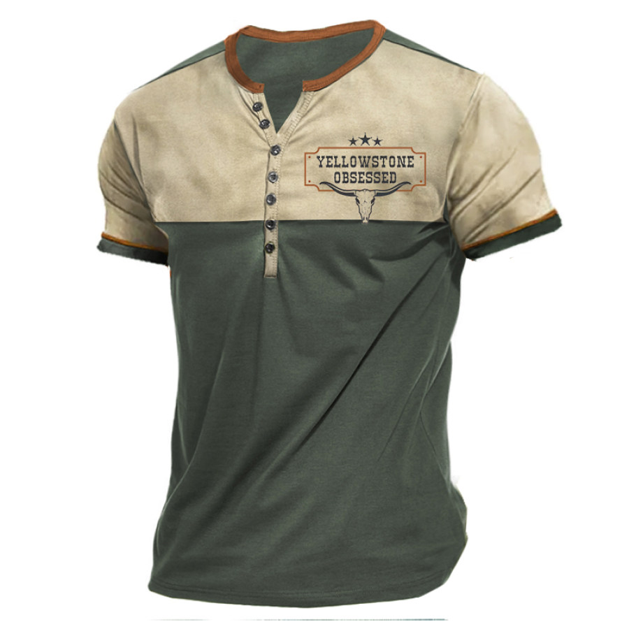 

Men's Vintage Yellowstone Logo Print Henley T Shirt