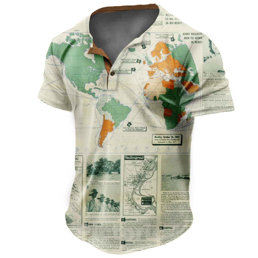 

Men Vintage Historic Map Henley Tee